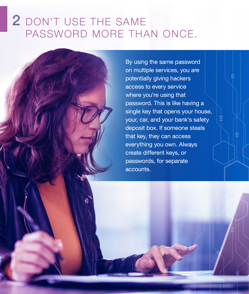 2.Don't use the same  password more than once. By using the same password on multiple services, you are potentially giving hackers access to every service where you're using that password. This is like having a single key that opens your house, your, car, and your bank's safety deposit box. If someone steals that key, they can access everything you own. Always create different keys, or passwords, for separate accounts.