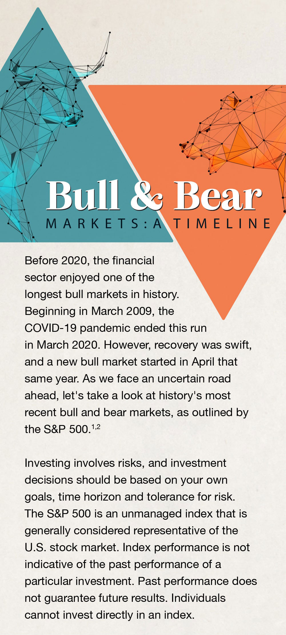 Bull & Bear Markets: A Timeline. Before 2020, the financial sector enjoyed one of the longest bull markets in history. Beginning in March 2009, the covid 19 pandemic ended this run in March 2020. However, recovery was swift, and a new bull market started in April that same year. As we face an uncertain road ahead, let's take a look at history's most recent bull and bear markets, as outlined by the S&P 500. Sources 1 and 2. Investing involves risks, and investment decisions should be based on your own goals, time horizon and tolerance for risk. The S&P 500 is an unmanaged index that is generally considered representative of the U.S. stock market. Index performance is not indicative of the past performance of a particular investment. Past performance does not guarantee future results. Individuals cannot invest directly in an index.