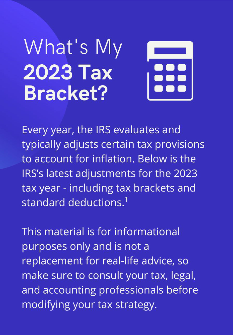 What's my 2022 Tax Bracket? Every year, the IRS evaluates and typically adjusts certain tax provisions to account for inflation. Below is the IRS’s latest adjustments for the 2022 tax year - including tax brackets and standard deductions. This material is for informational purposes only and is not a replacement for real-life advice, so make sure to consult your tax, legal, and accounting professionals before modifying your tax strategy.