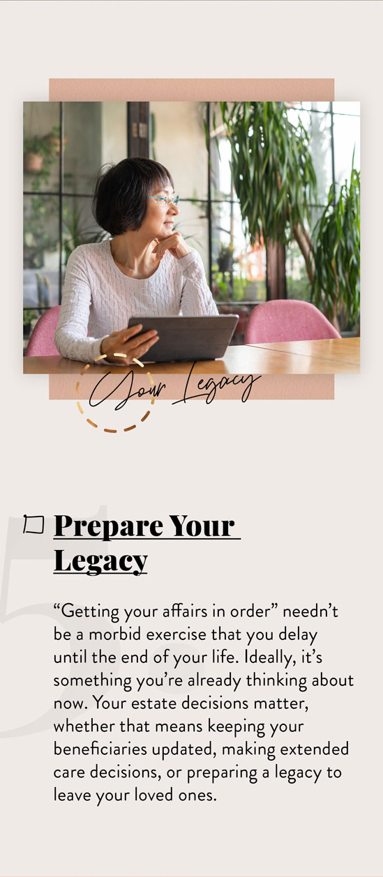 Prepare Your Legacy. “Getting your affairs in order” needn’t be a morbid exercise that you delay until the end of your life. Ideally, it’s something you’re already thinking about now. Your estate decisions matter, whether that means keeping your beneficiaries updated, making long-term care decisions, or preparing a legacy to leave your loved ones.