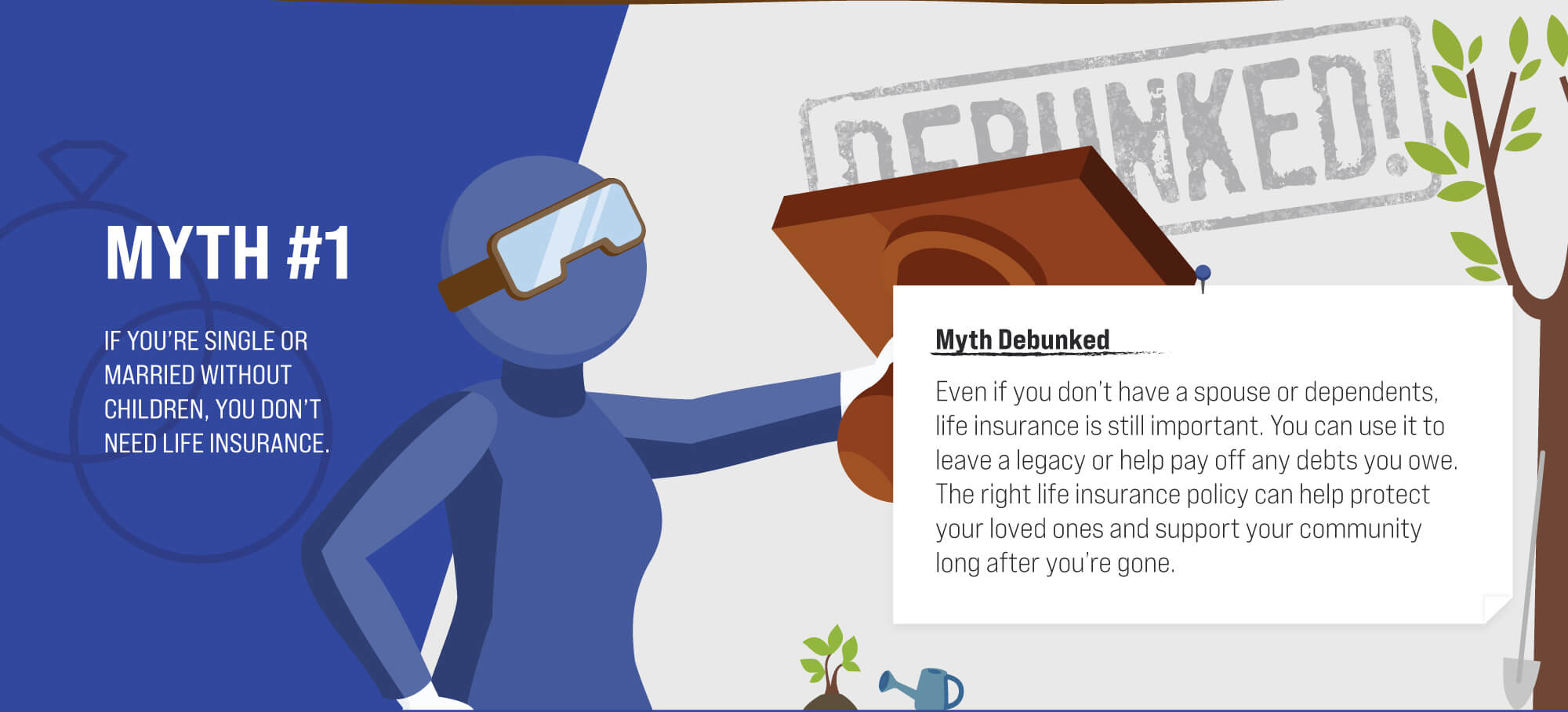 Myth #1: If you’re single or married without children, you don’t need life insurance. Myth Debunked. Even if you don’t have a spouse or dependents, life insurance is still important. You can use it to leave a legacy or to help pay off any debts you owe. The right life insurance policy can help you protect your loved ones and support your community long after you’re gone. (1)