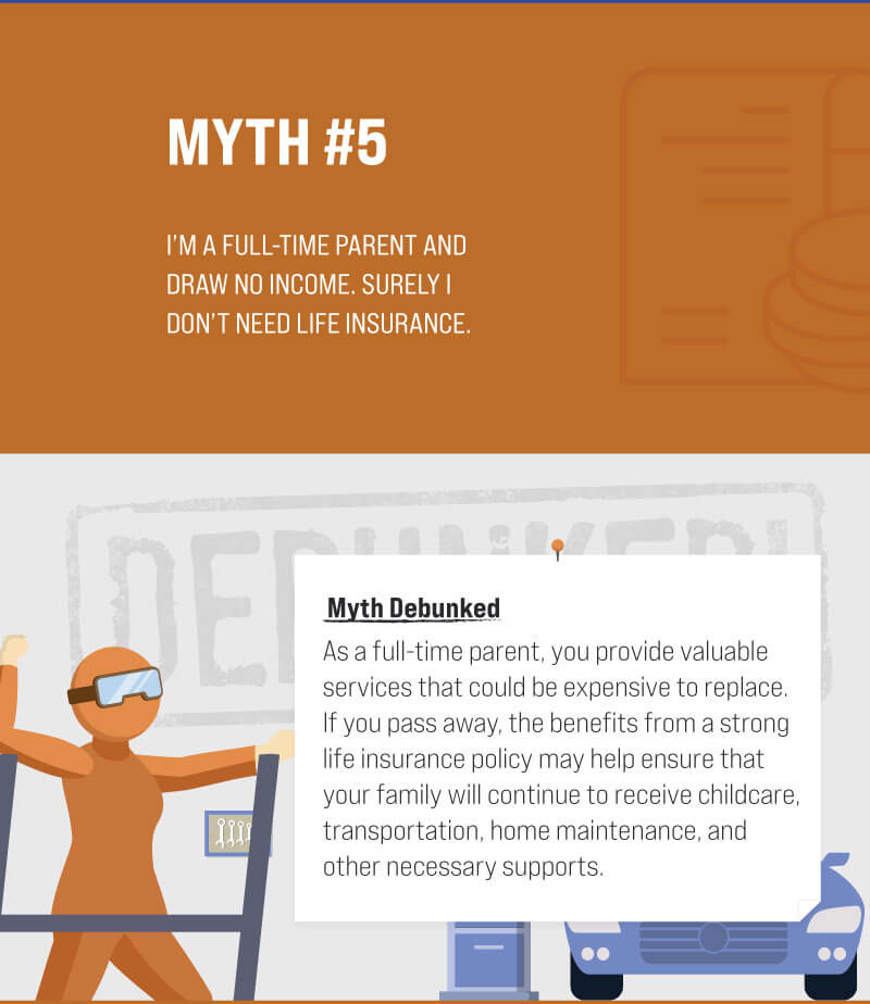 Myth #5: I’m a full-time parent and draw no income. Surely I don’t need life insurance. Myth Debunked. As a full-time parent, you provide valuable services that could be expensive to replace. If you pass away, the benefits from a strong life insurance policy may help ensure that your family will continue to receive childcare, transportation, home maintenance, and other necessary supports. (5)