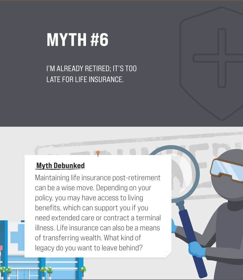 Myth #6: I’m already retired; it’s too late for life insurance. Myth Debunked. Maintaining life insurance post-retirement can be a wise move. Depending on your policy, you may have access to living benefits, which can support you if you need extended care or contract a terminal illness. Life insurance can also be a means of transferring wealth. What kind of legacy do you want to leave behind? (6)