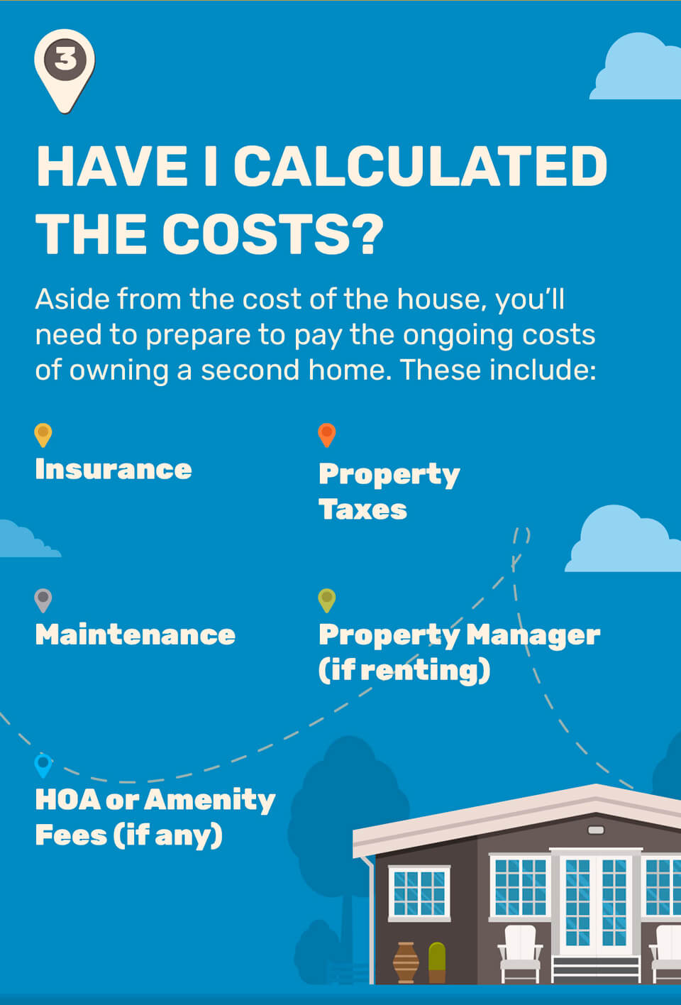 3. Have I Calculated the Costs? Aside from the cost of the house, you’ll need to prepare to pay the ongoing costs of owning a second home. These include: Insurance, property taxes, maintenance, property manager (if renting), and HOA or Amenity Fees (if any).