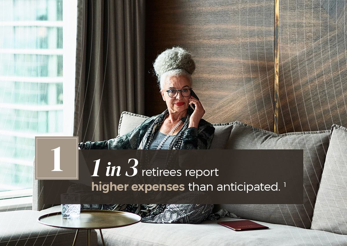 1 in 3 retirees report higher expenses than anticipated. A comfortably yet elegantly dressed woman of mid-to-late middle age wearing spectacles listens on a telephone while seated on a couch in a well-appointed apartment.