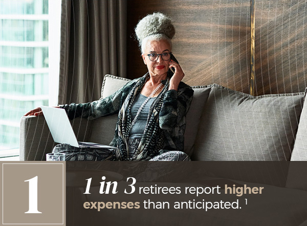 1 in 3 retirees report higher expenses than anticipated. A comfortably yet elegantly dressed woman of mid-to-late middle age wearing spectacles listens on a telephone while seated on a couch in a well-appointed apartment.