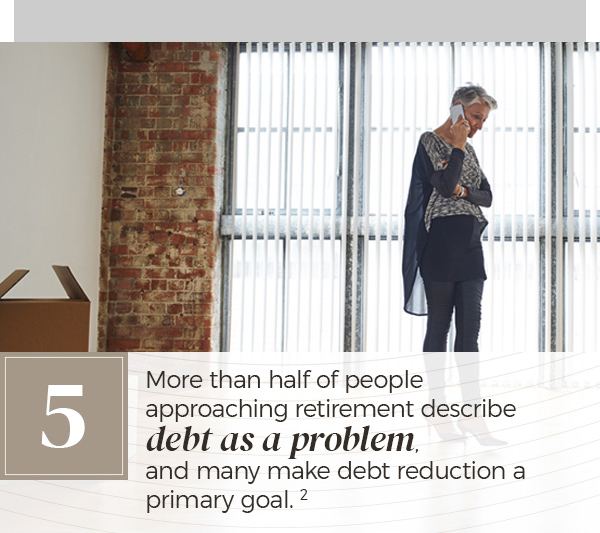 More than half of people approaching retirement describe debt as a problem, and many make debt reduction a primary goal. A comfortably yet elegantly dressed woman of mid-to-late middle age listens on a telephone while standing in a well-appointed apartment.